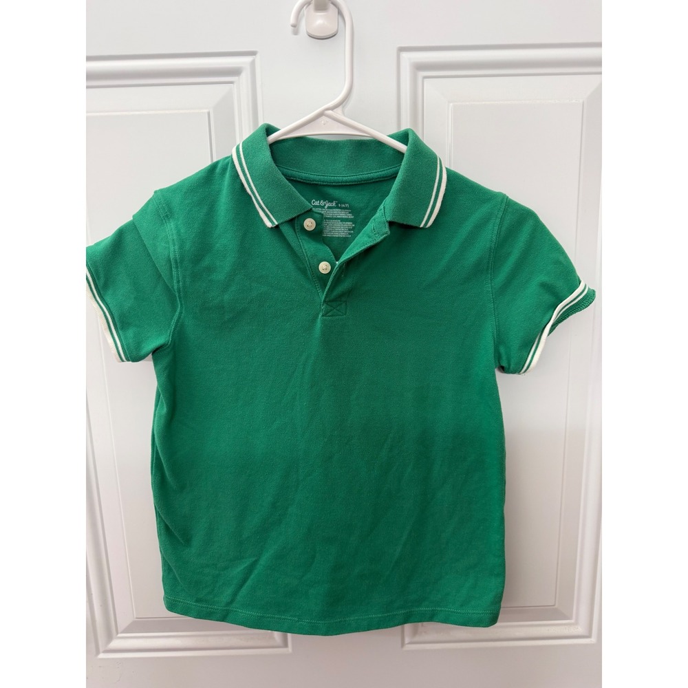 Cat & Jack Kids Green Short Sleeve Pique Polo Shirt Tipped Collar Size S 6/7